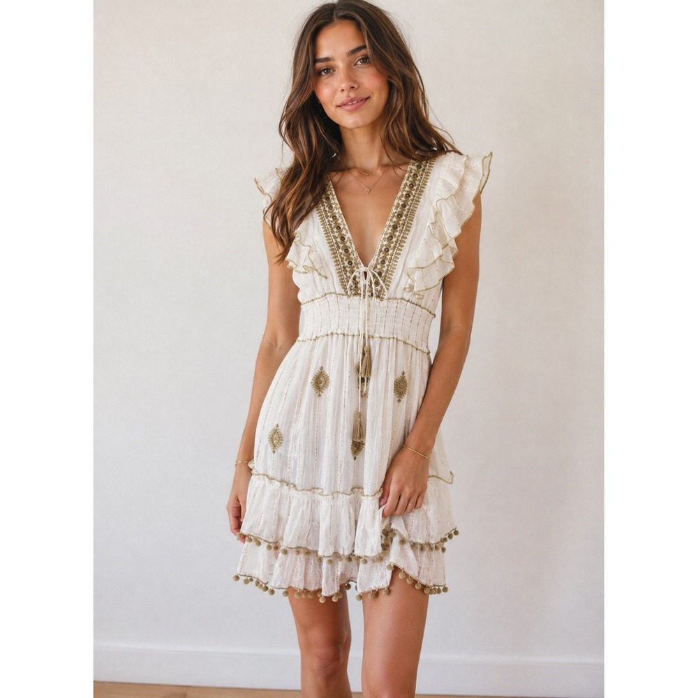 Ananta Boho Embroidered White Dress Gold Detail Deep V-Neck Tie Front S/M NWT